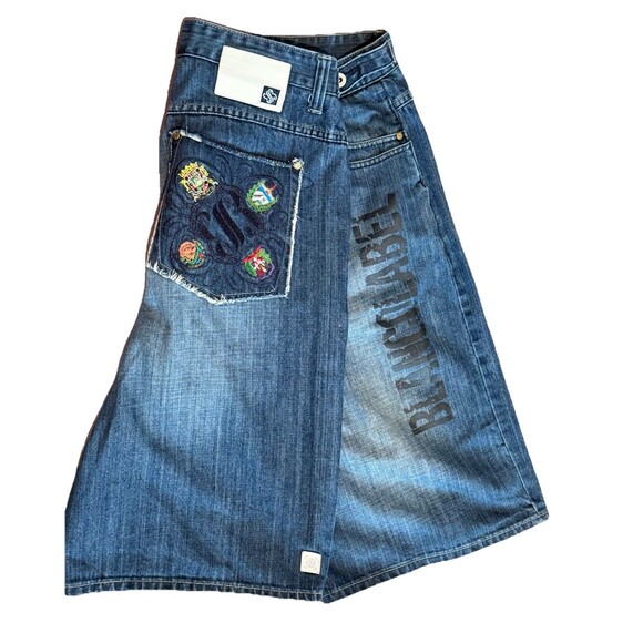 Y2K Denim Shorts Size 40 Embroidered Back Pocket Streetwear Baggy Short - Picture 1 of 6
